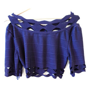 Womens Vintage Y2K 90s Bandage Crop Top Small Navy Blue Cut Out Knit Stretch Zip